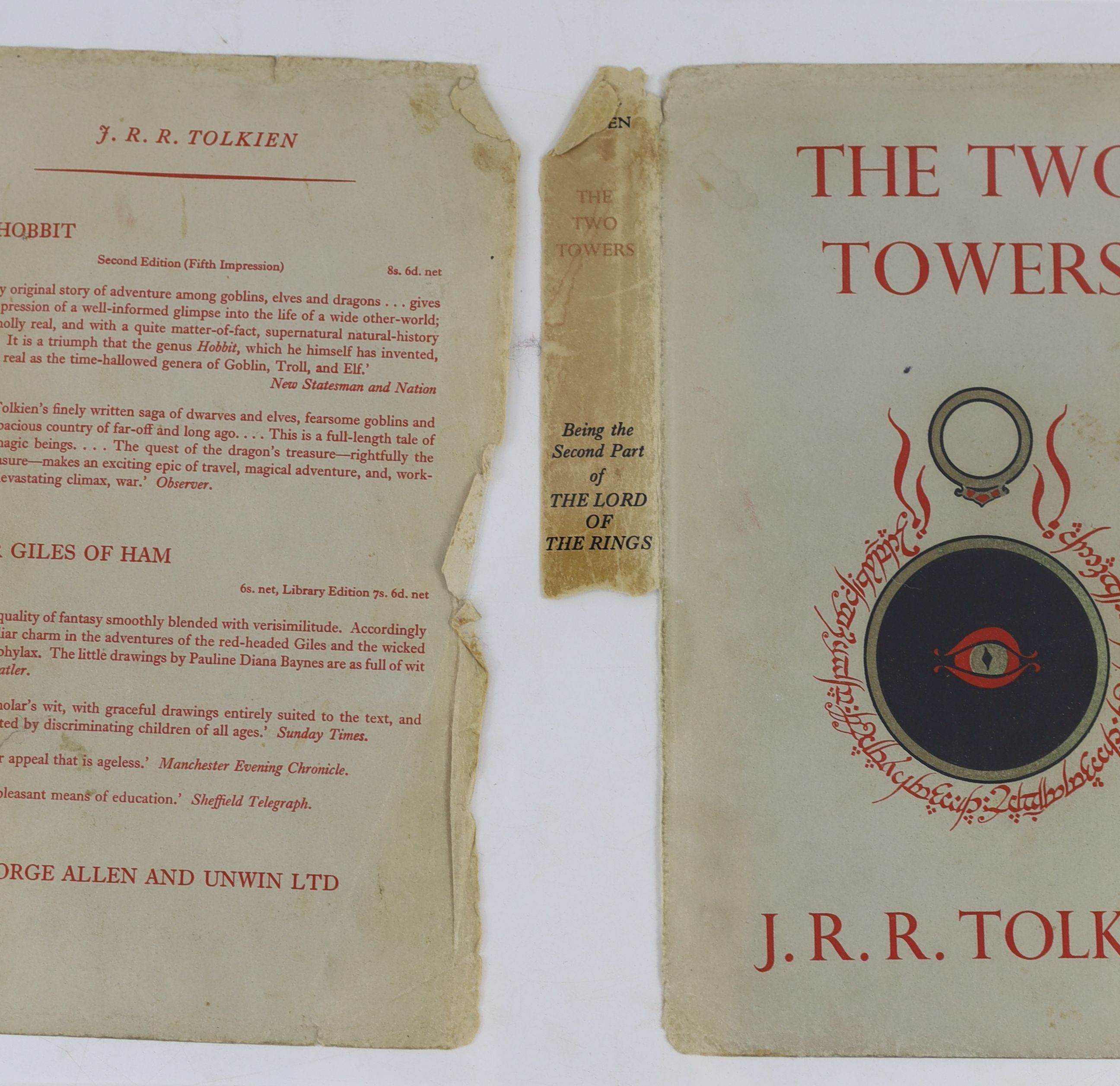 Tolkien, John Ronald Reuel - The Lord of the Rings, 4th impressions of The Fellowship of the Ring, in slightly torn and discoloured d/j, and The Two Towers, d/j torn in half and with 50% loss to spine, ownership inscript
